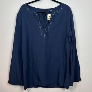 New York & Company Deadstock Y2K Linen Long Sleeve‎ Beaded Boho Blouse Womens LG